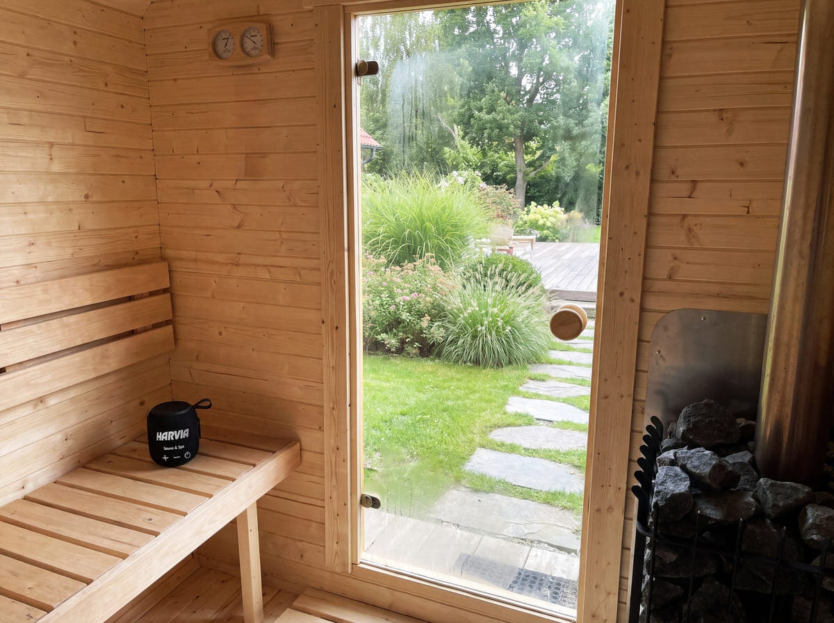 Timber bench inside an outdoor sauna, with the garden seen through the glass door