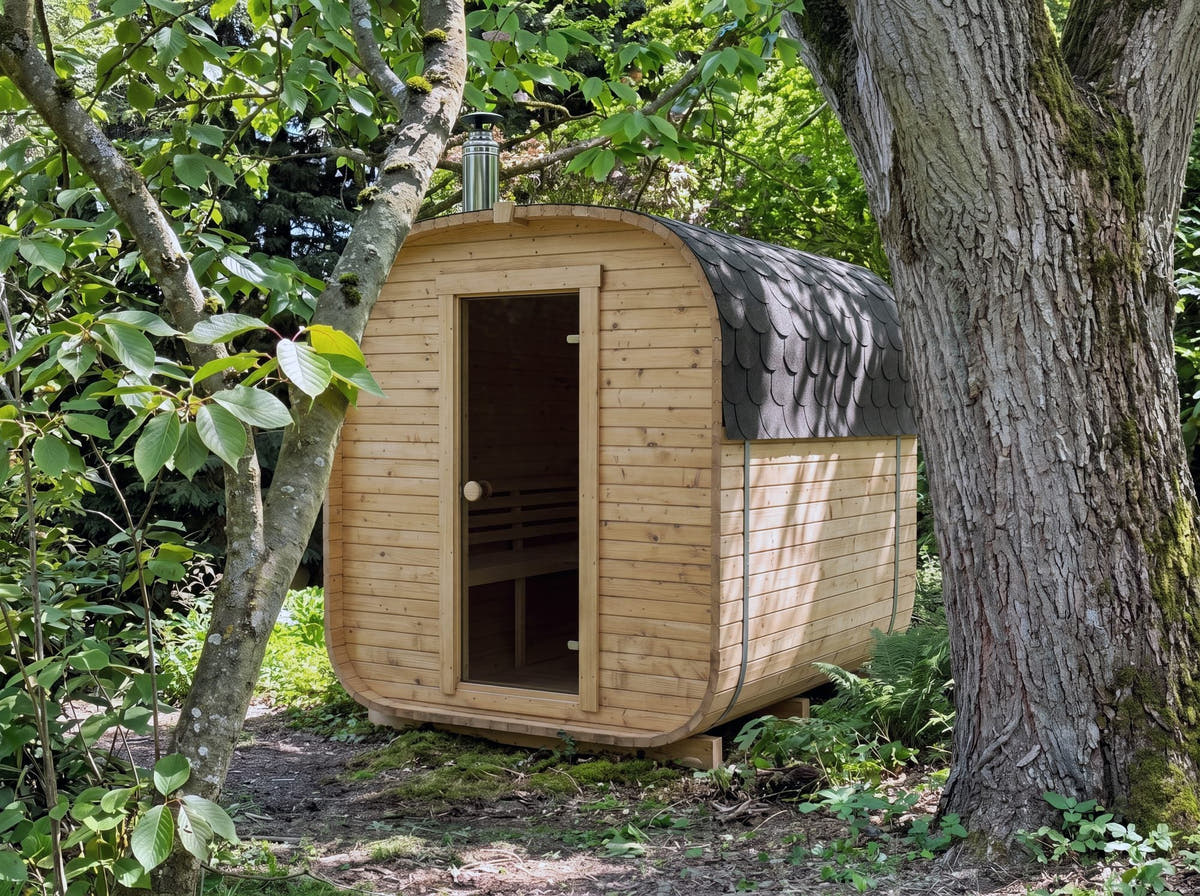 The Cabin Three compact outdoor sauna standing under a tree in a garden