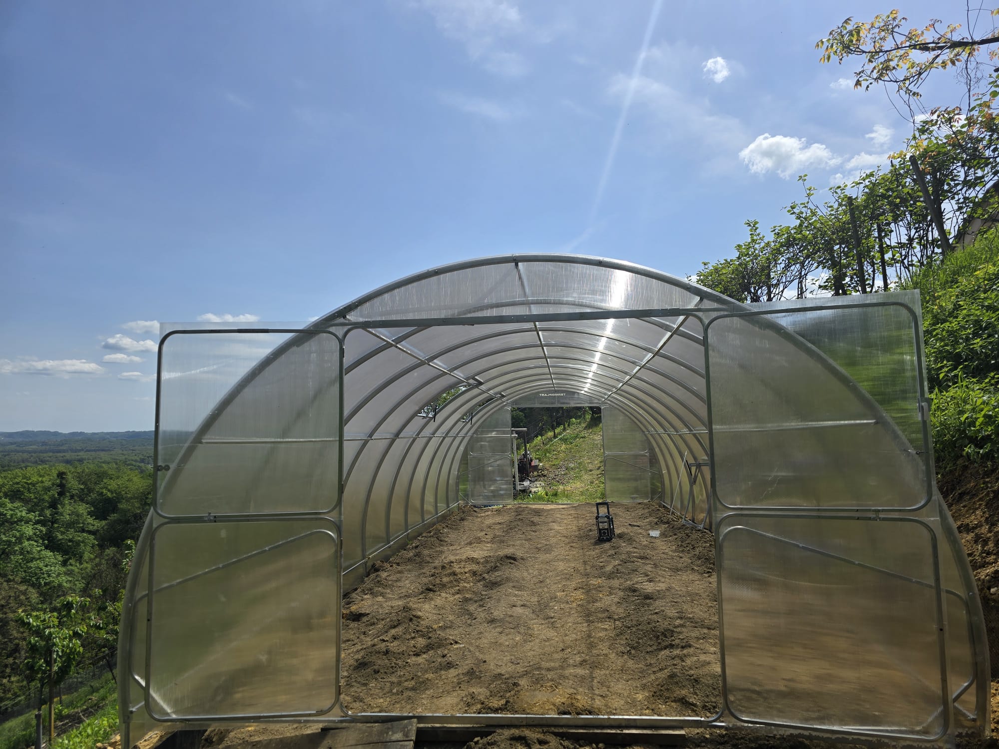 SteelRoot Grand 4.00 galvanised steel arch greenhouse with both end doors open