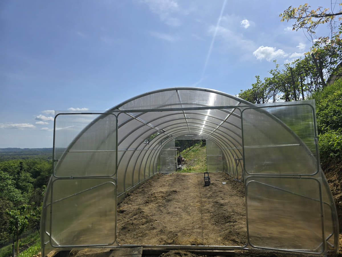 SteelRoot Grand 4.00 galvanised steel arch greenhouse with both end doors open