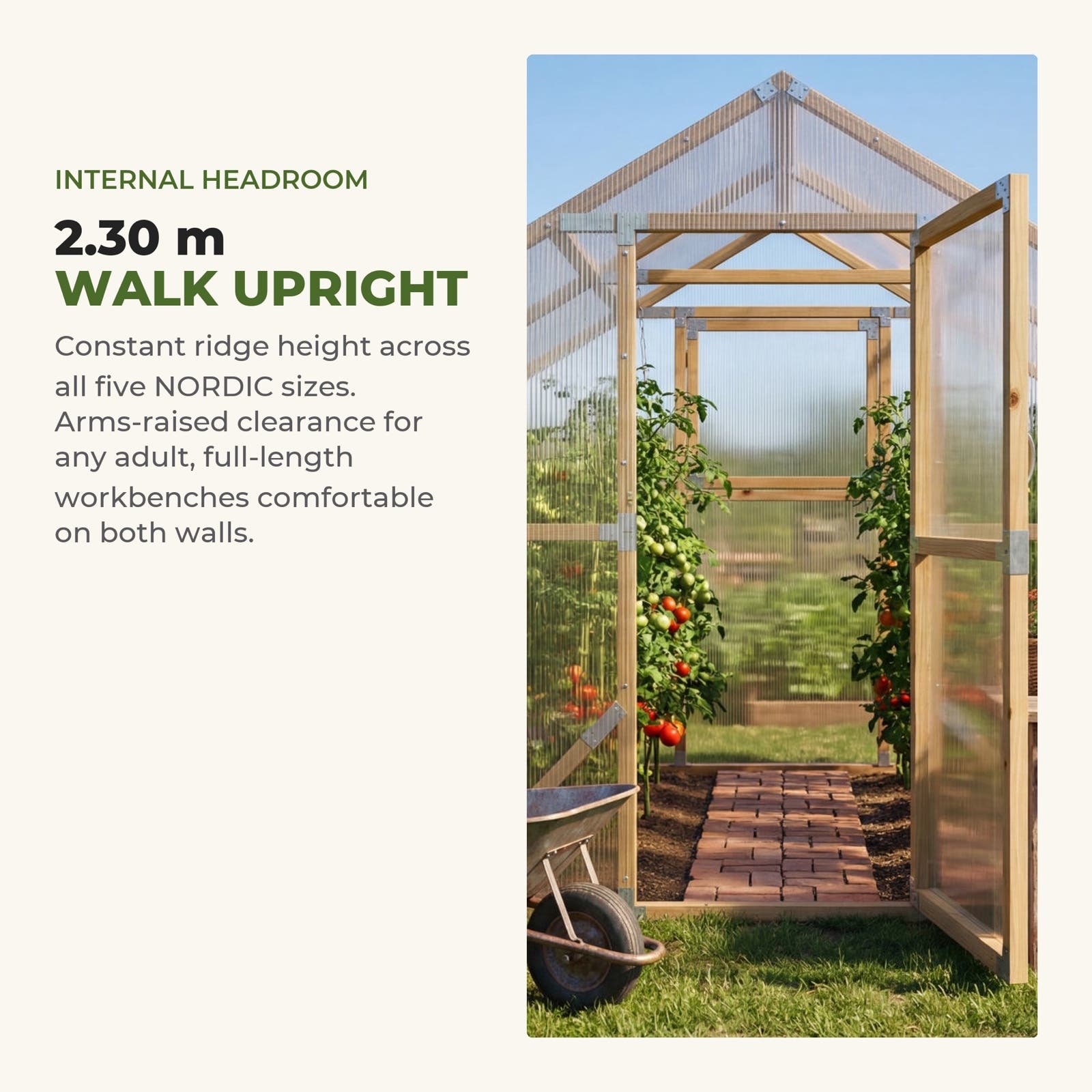 2.30 m internal headroom — walk upright in every Waldenhaus NORDIC greenhouse size