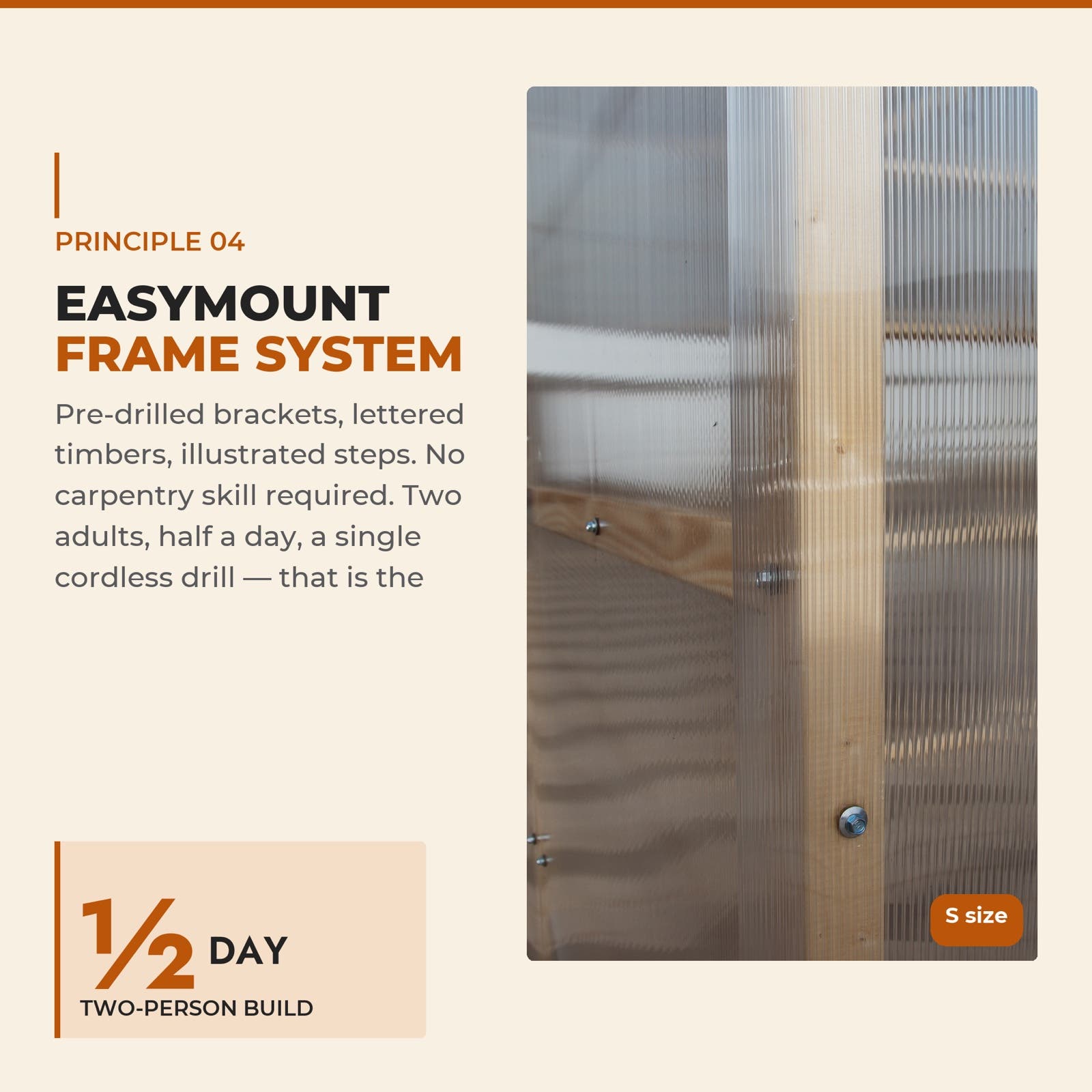 Easymount frame system — pre-drilled timbers, half-day two-person build · Waldenhaus NORDIC