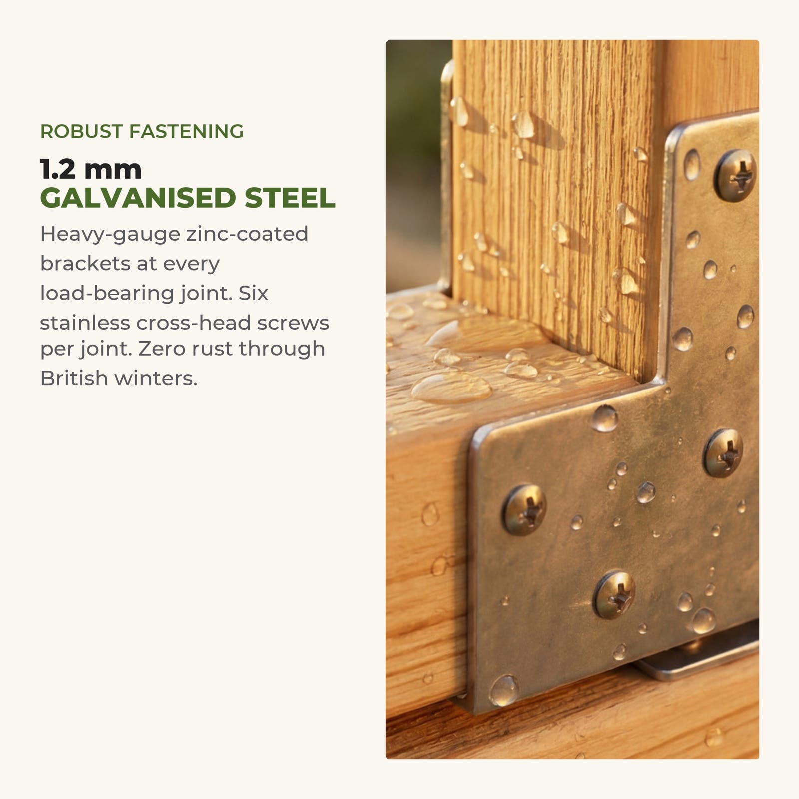 1.2 mm galvanised steel brackets — six stainless screws per joint, rust-free · Waldenhaus NORDIC