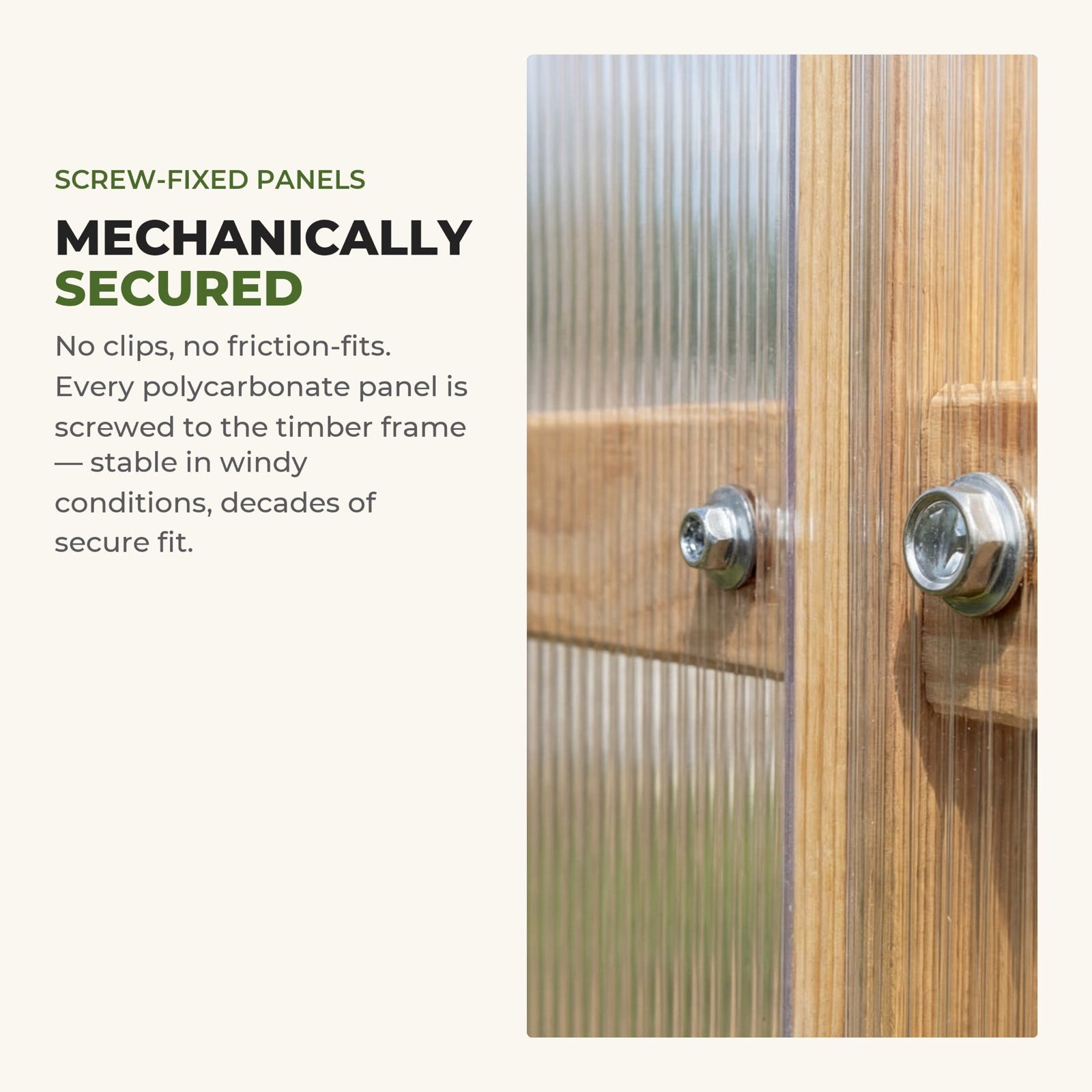 Screw-fixed polycarbonate panels — mechanically secured to the timber frame · Waldenhaus NORDIC