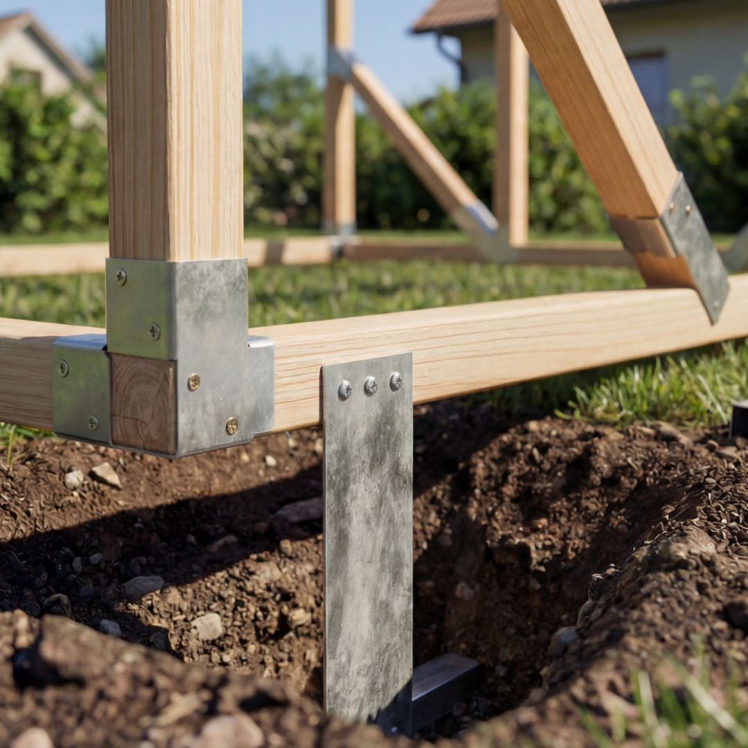 Storm-Proof Anchors — galvanised steel, hammered into soil, no concrete required