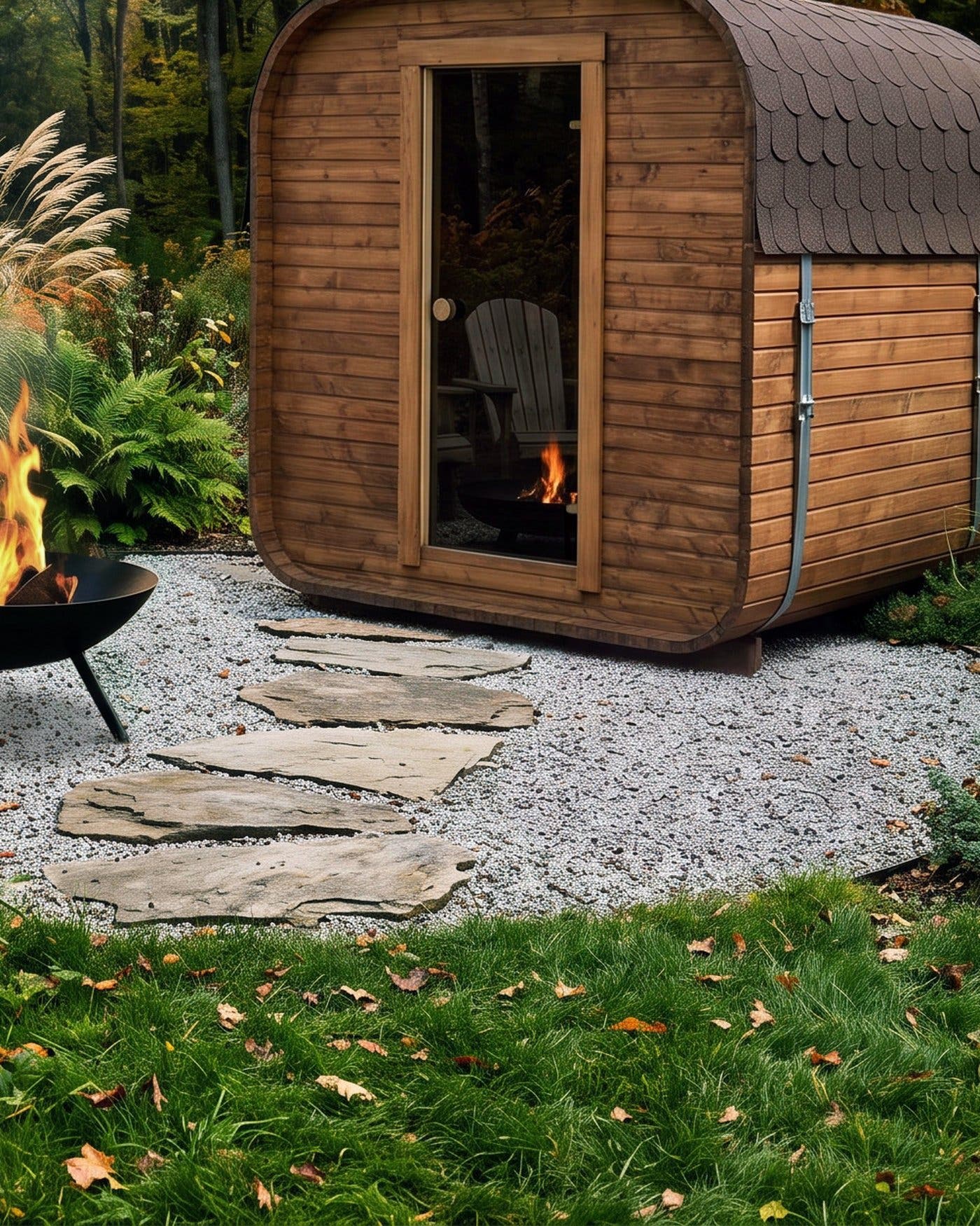CUBIO 180 sauna in an autumn garden with a fire pit