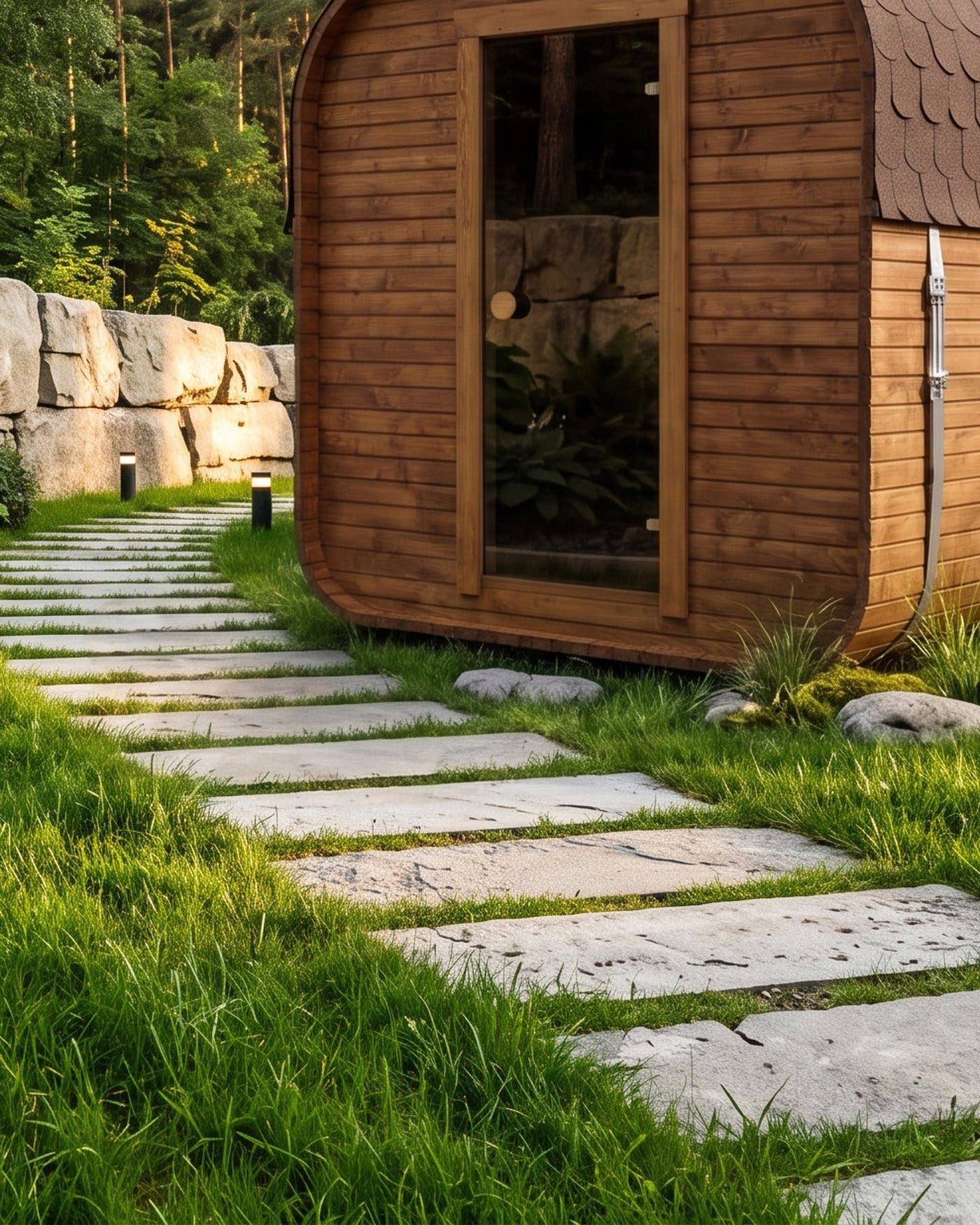 CUBIO 180 sauna in a garden at dusk