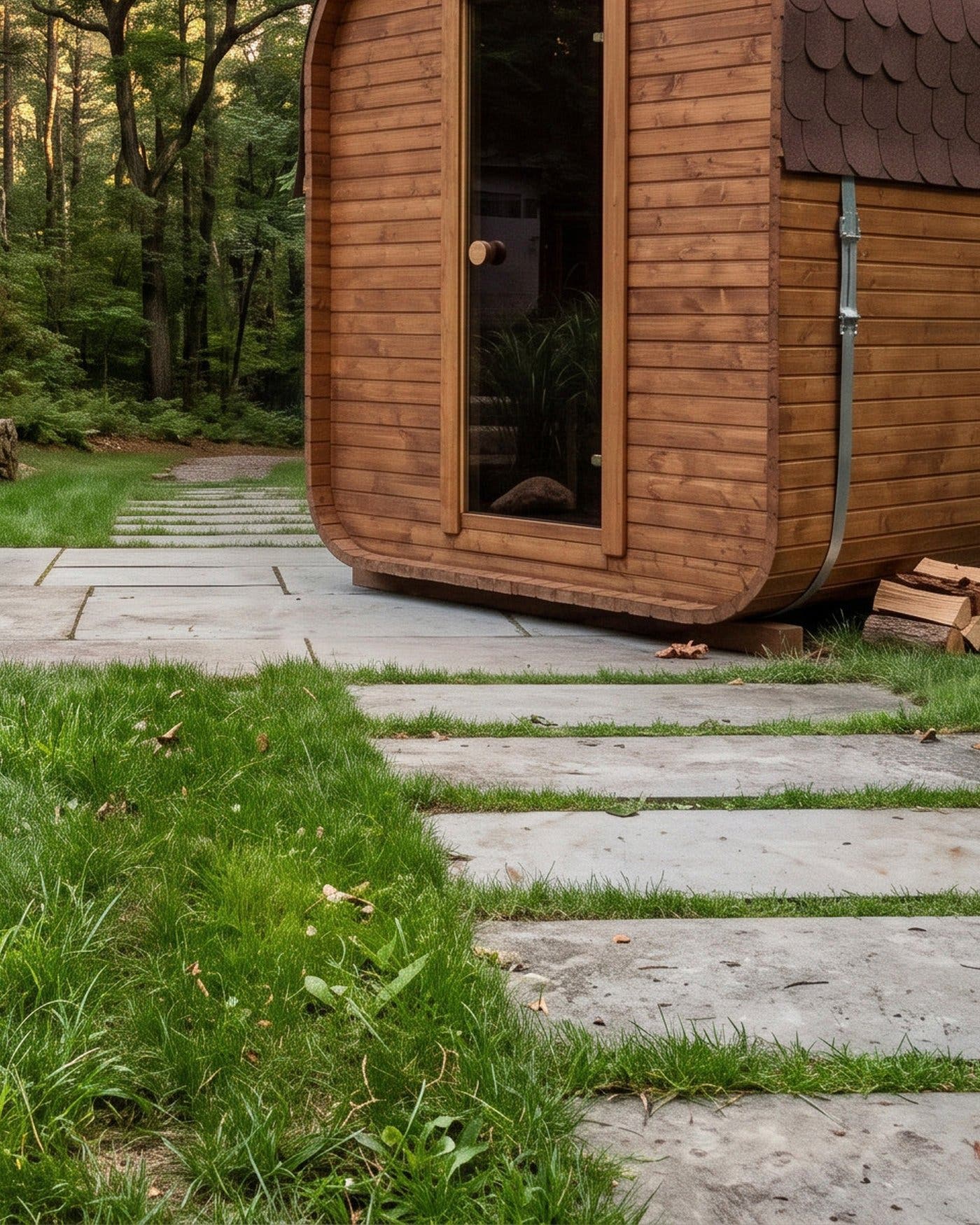 CUBIO 180 sauna beside a stone garden path