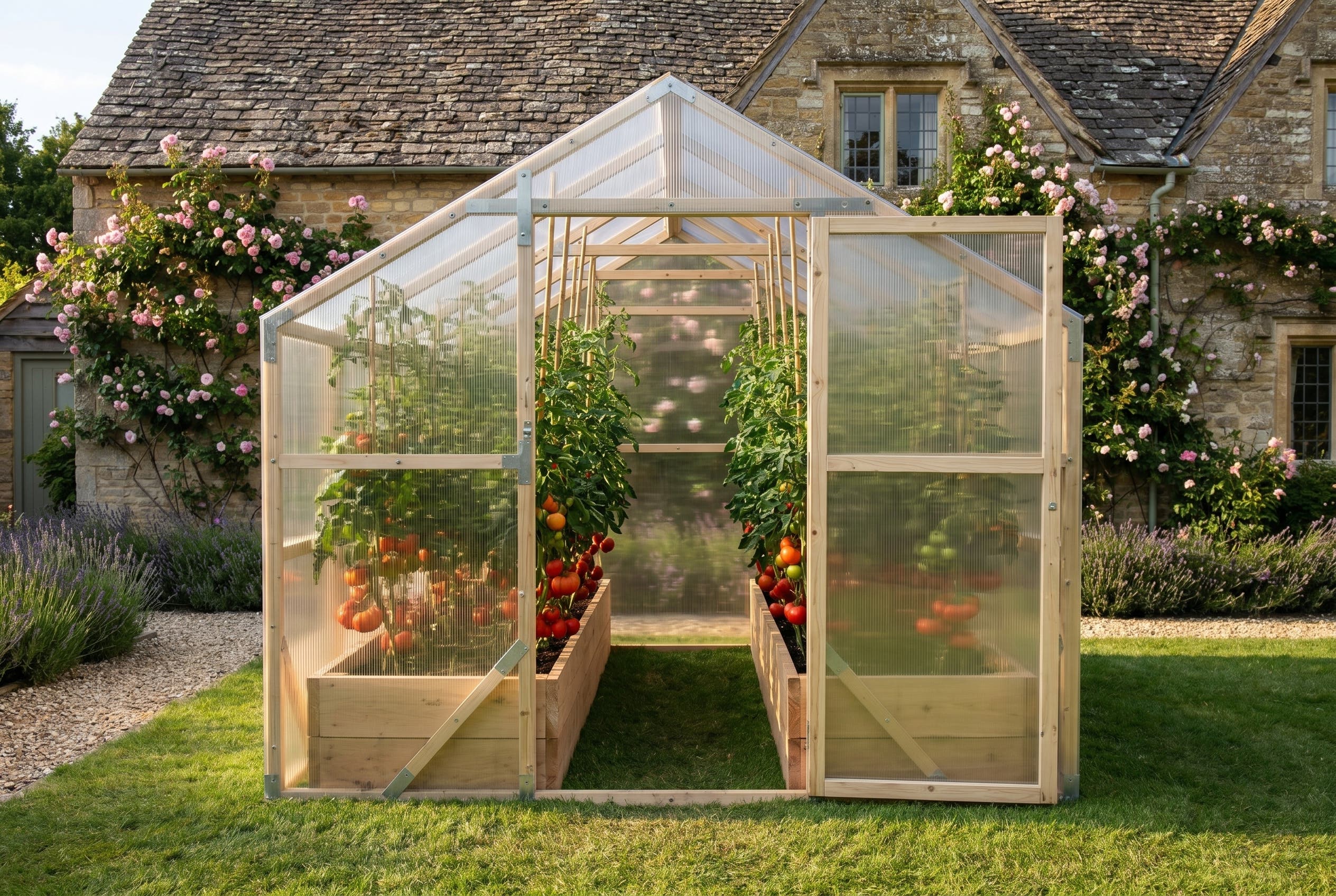 NORDIC wooden greenhouse in a Cotswold garden, beefsteak tomatoes and roses