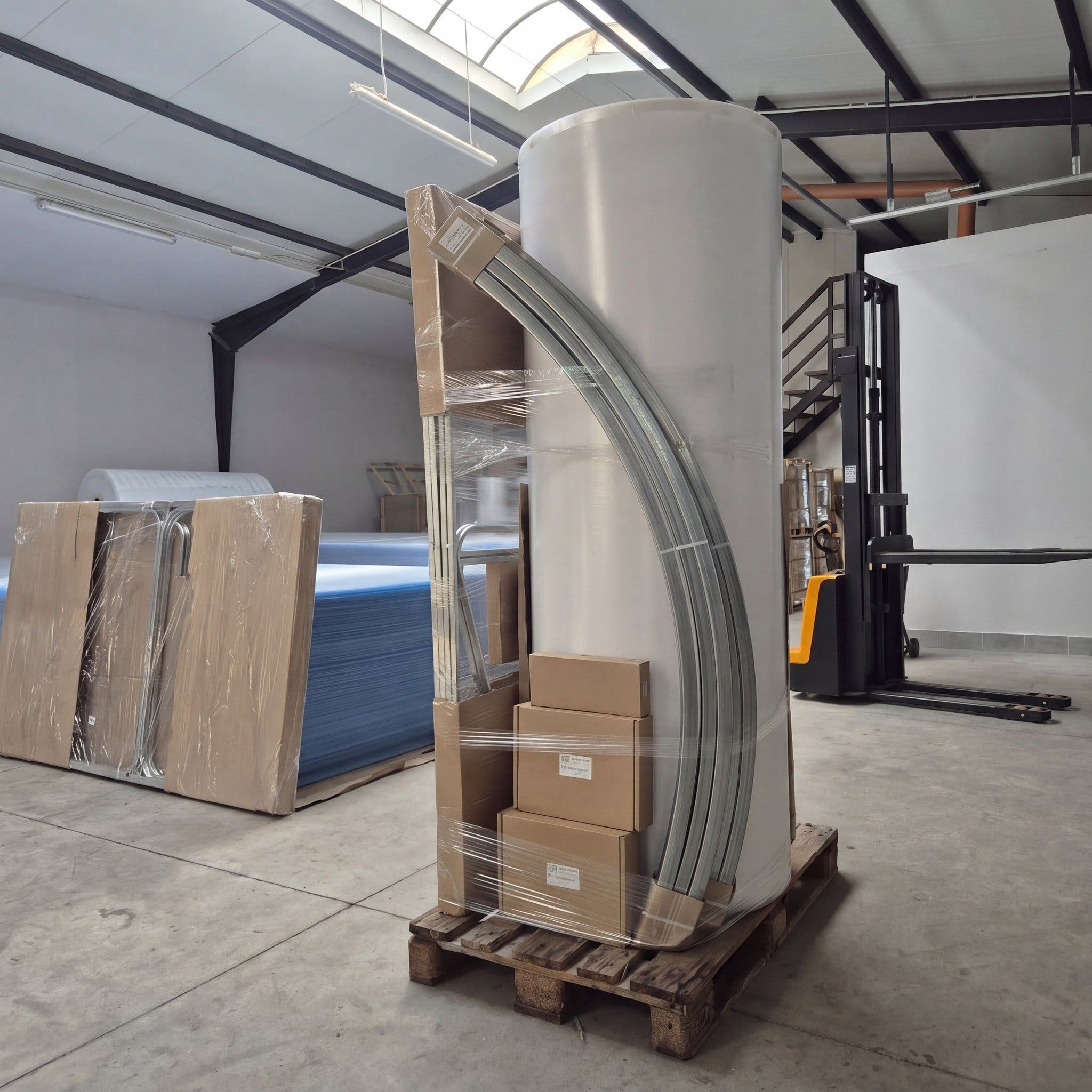 SteelRoot 3.14m greenhouse kit packed on europallet — kraft-wrapped, UK pallet courier delivery in 3-4 weeks