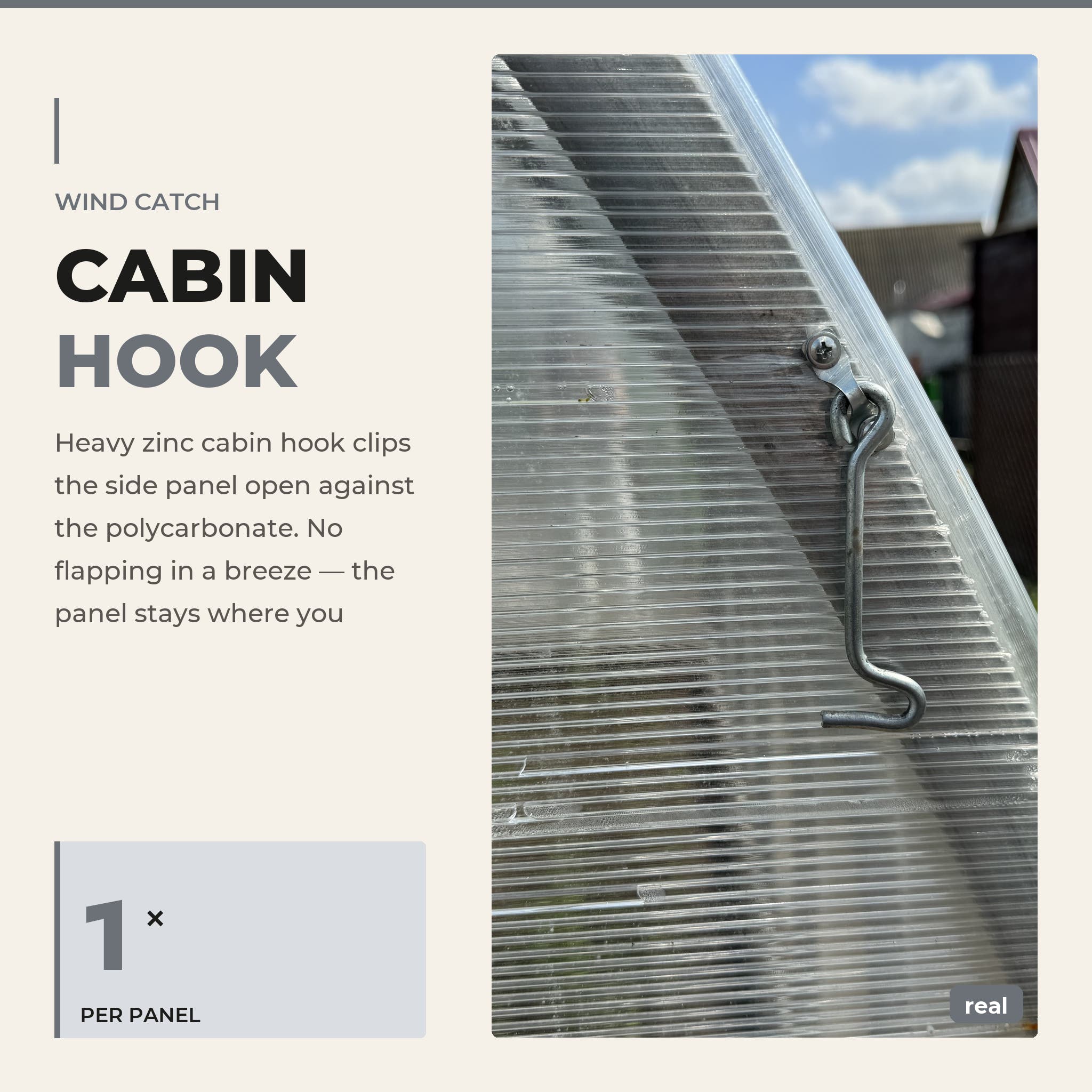 SteelRoot greenhouse — door cabin-hook detail (slate cream)