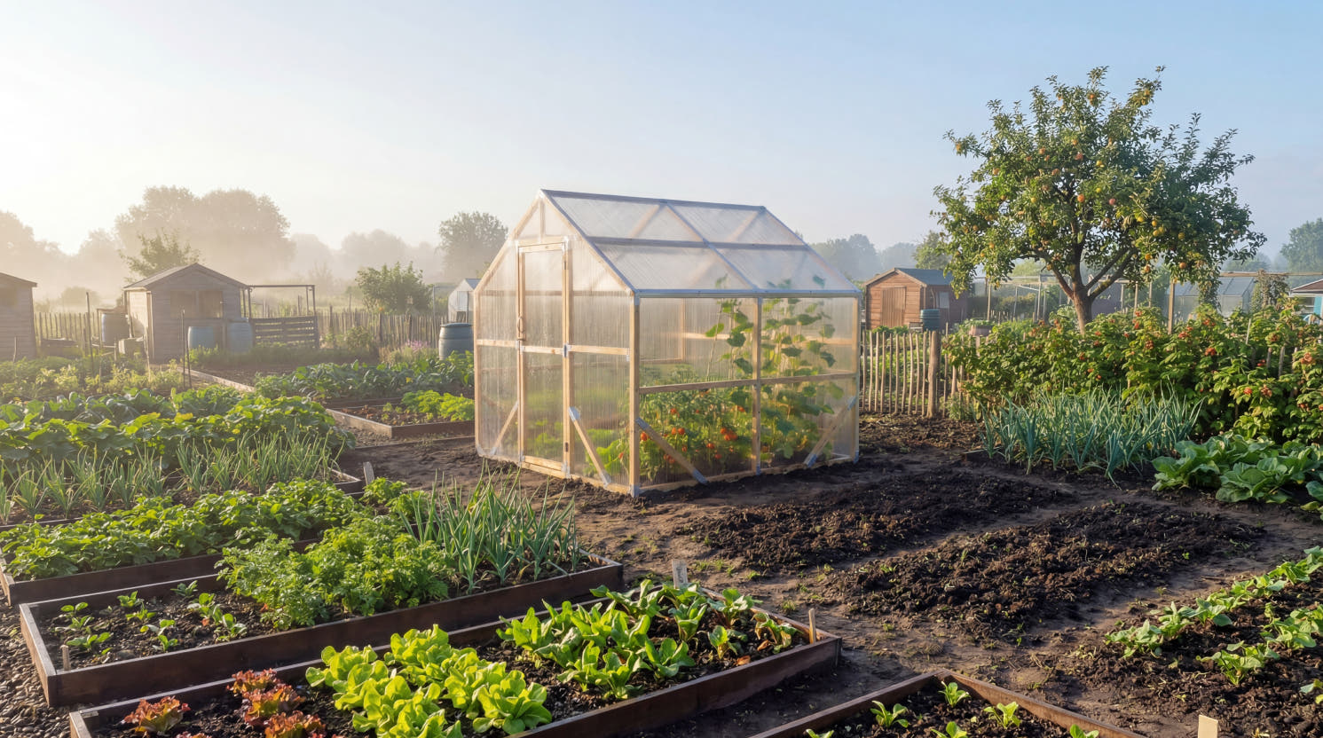 Waldenhaus NORDIC wooden greenhouse on an allotment plot with Storm-Proof Anchors — no concrete required