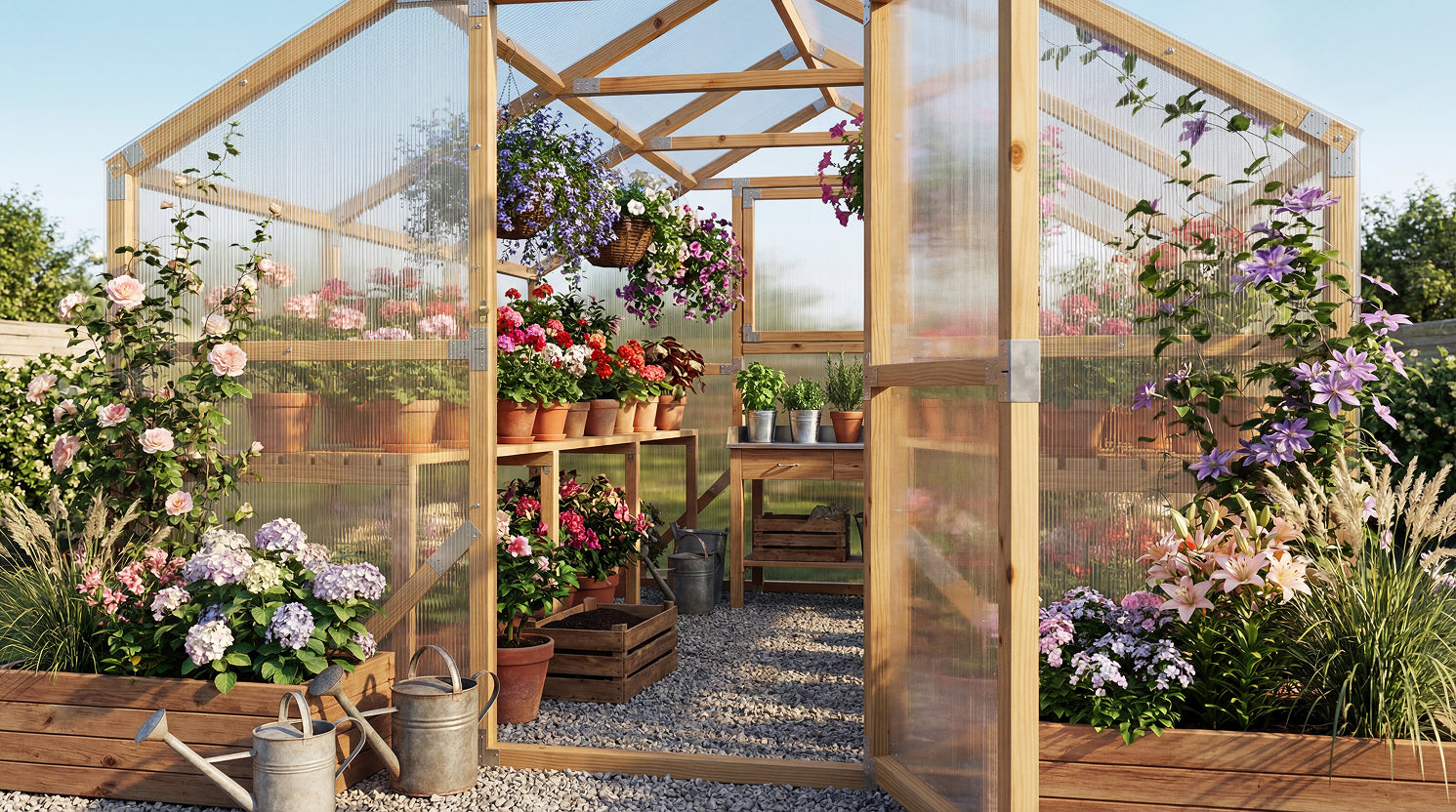 Inside a Waldenhaus greenhouse, CrystalLight polycarbonate panels creating beautiful diffused light with flowers