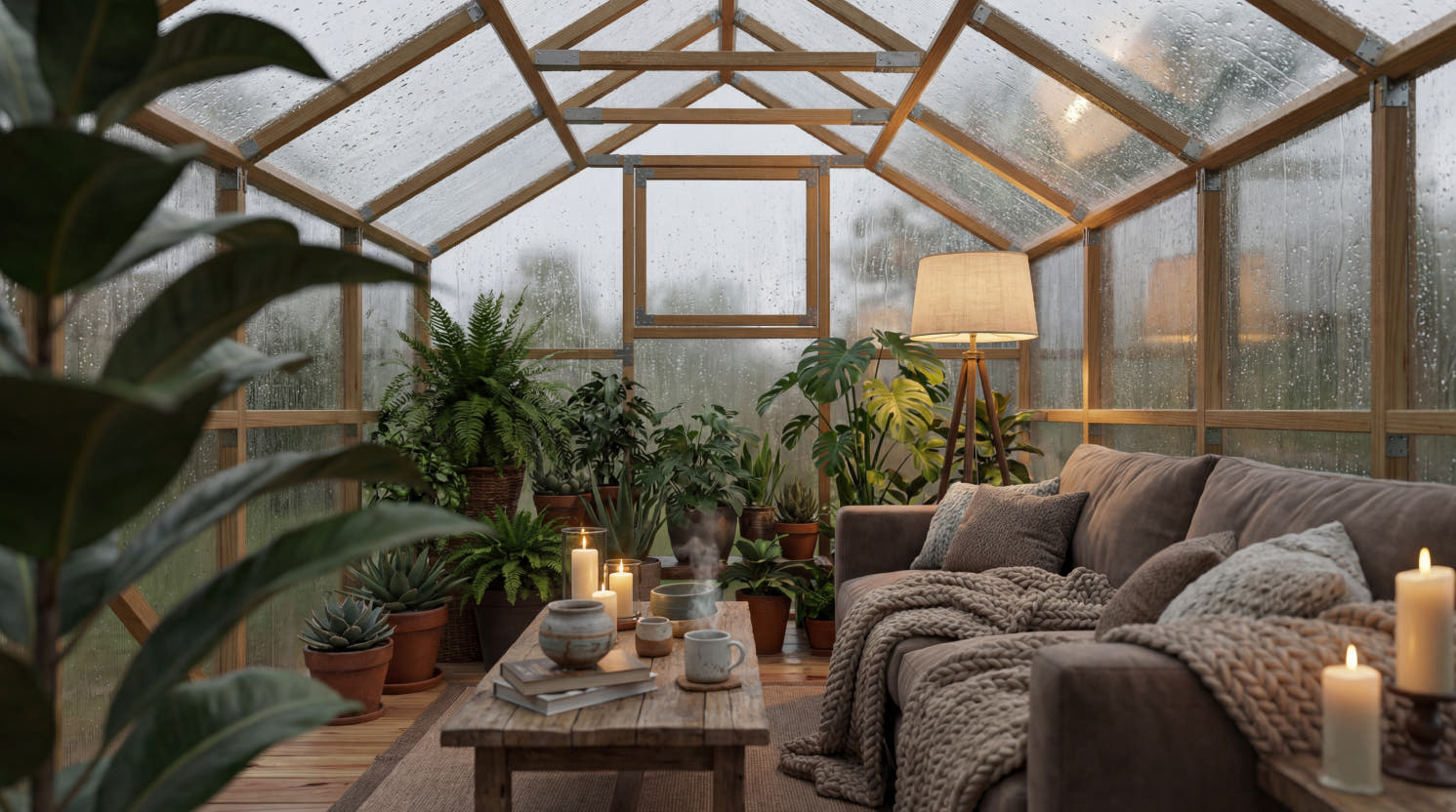 Waldenhaus NORDIC wooden greenhouse used as a garden room with Swedish pine frame