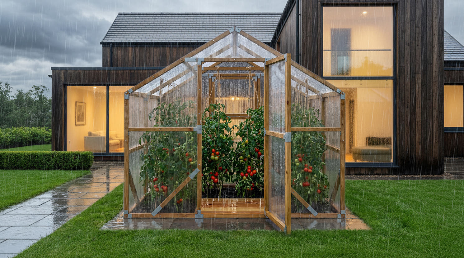 Wooden greenhouse withstanding heavy British rain — Waldenhaus NORDIC built for storm season