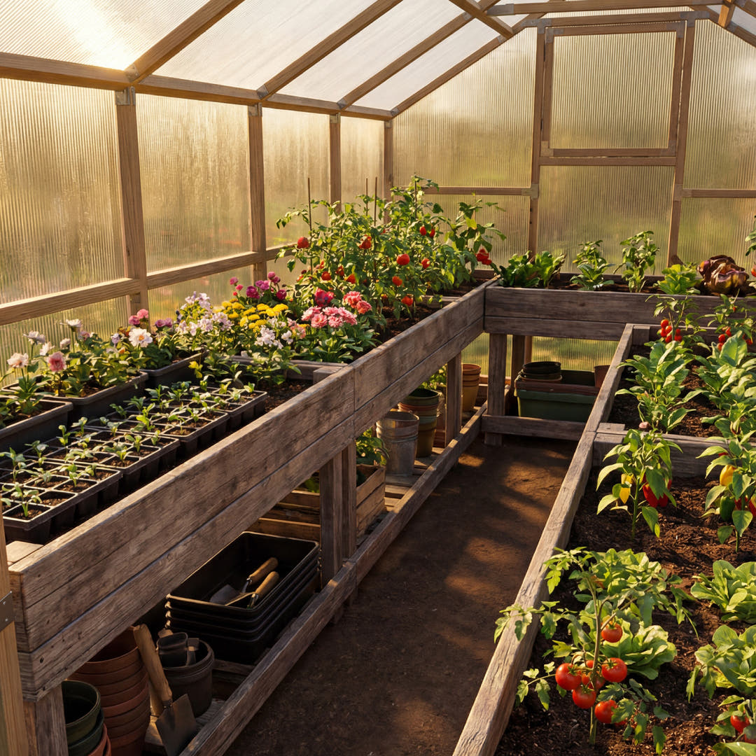 Spacious interior of a Waldenhaus NORDIC wooden greenhouse