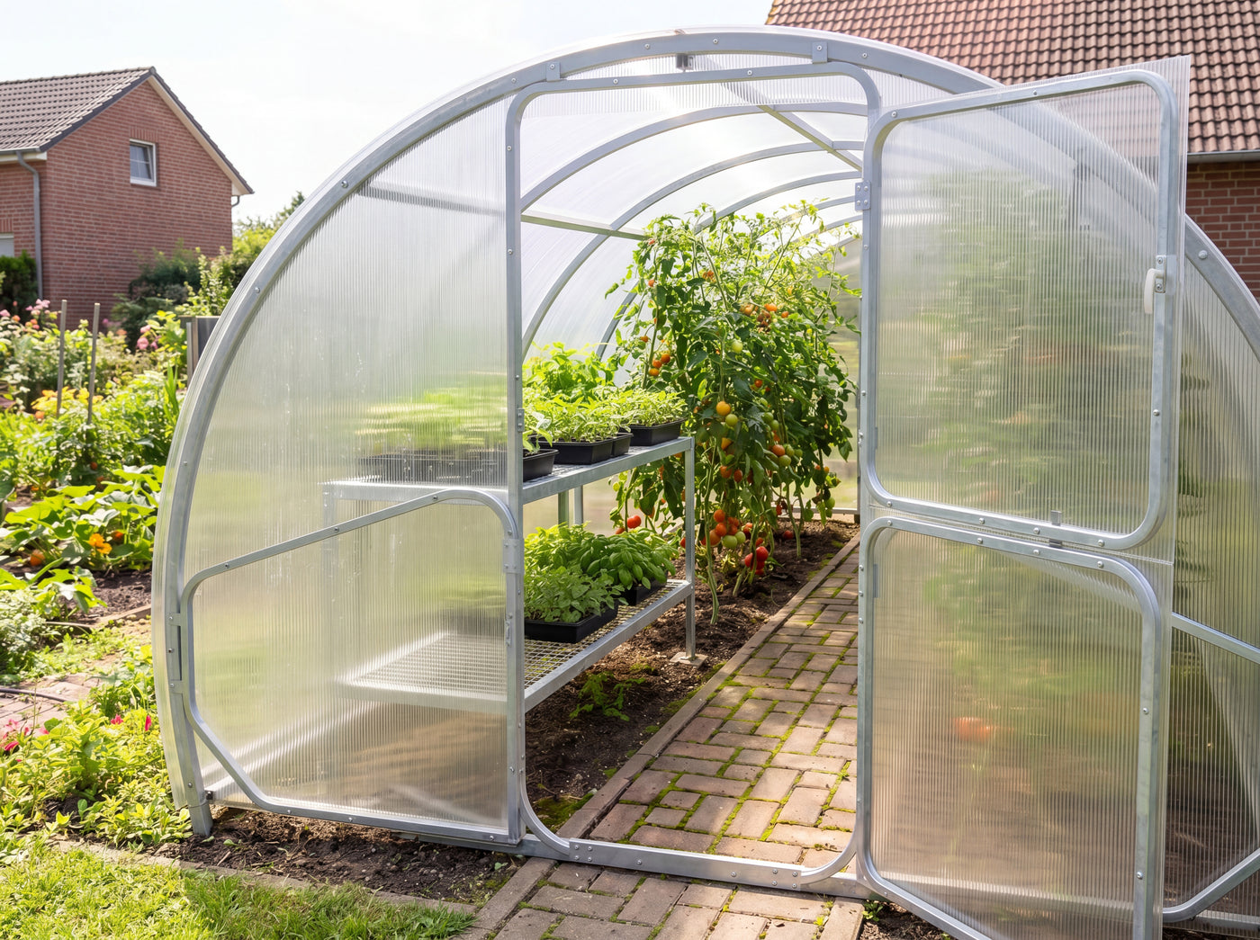 SteelRoot 3.14 m galvanised-steel arch greenhouse — side profile in customer garden