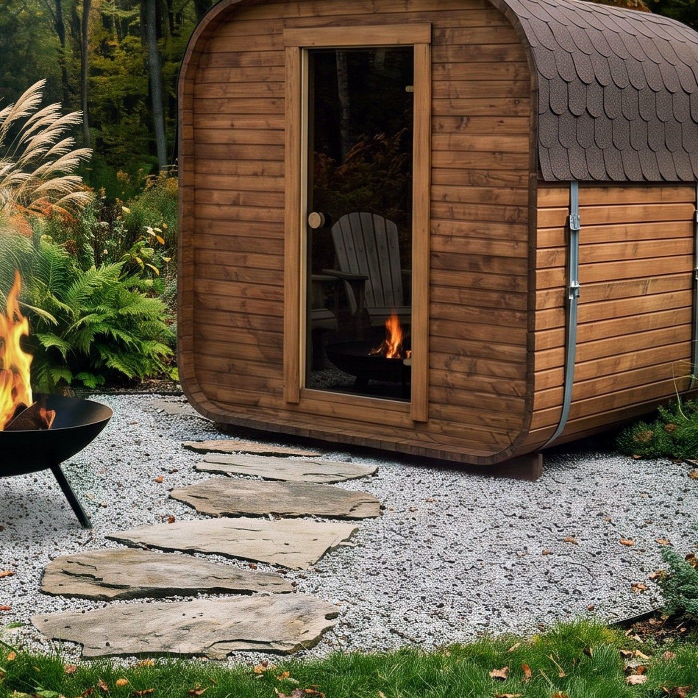 The Cabin Three sauna in an autumn garden, fire pit alongside