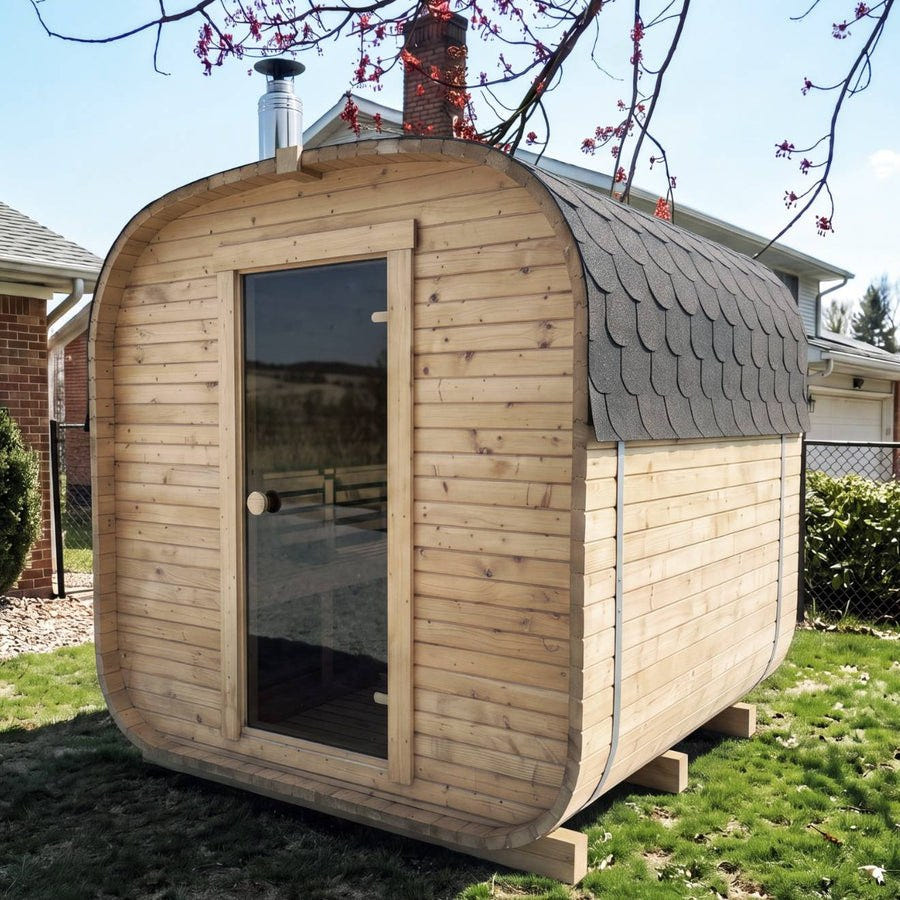 The Cabin Three wood-fired sauna in a back garden, visualised setting