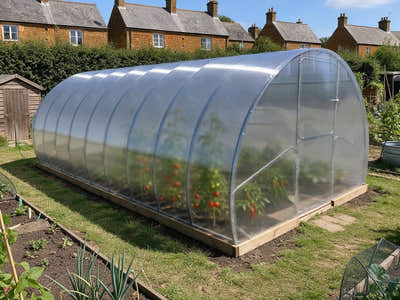 SteelRoot Plot 3.14 greenhouse on a timber base in a village allotment