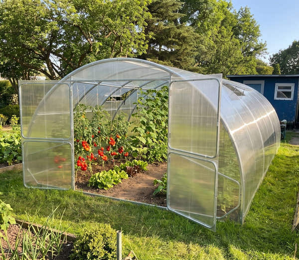 SteelRoot Grand 4.00 greenhouse with the doors open and tomatoes inside, in a summer garden