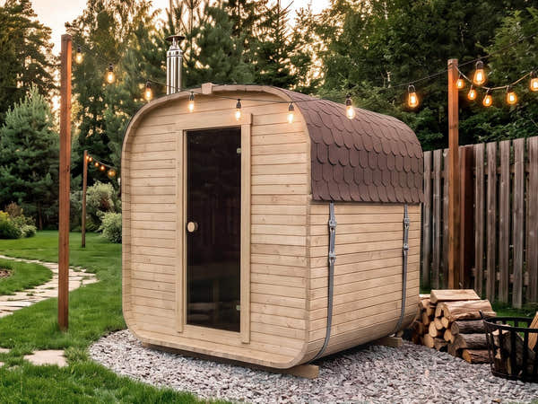 The Cabin Three wood-fired outdoor sauna at the end of a garden path at dusk