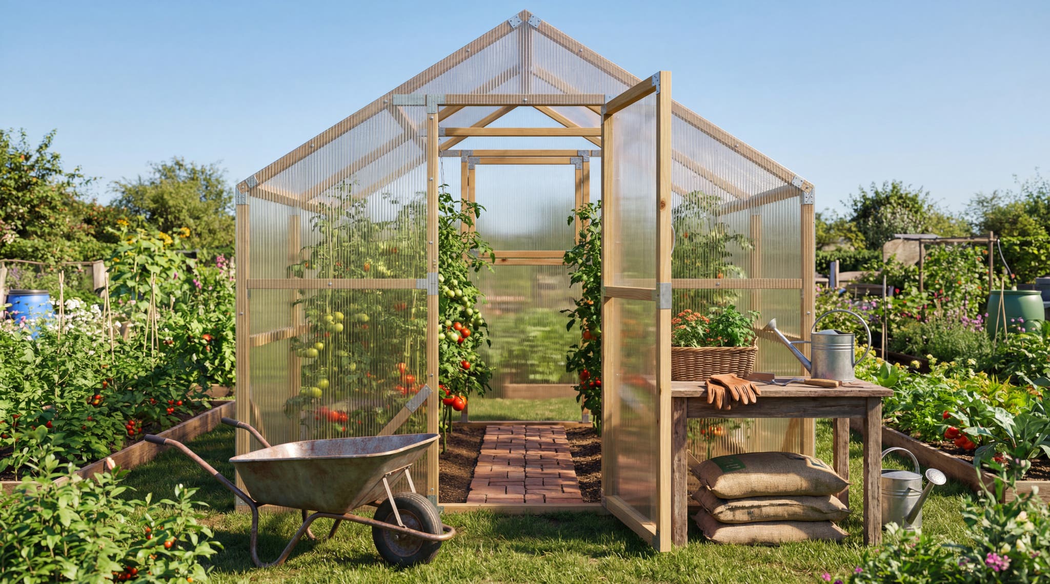 Spacious interior of a Waldenhaus NORDIC wooden greenhouse with central path and ground beds